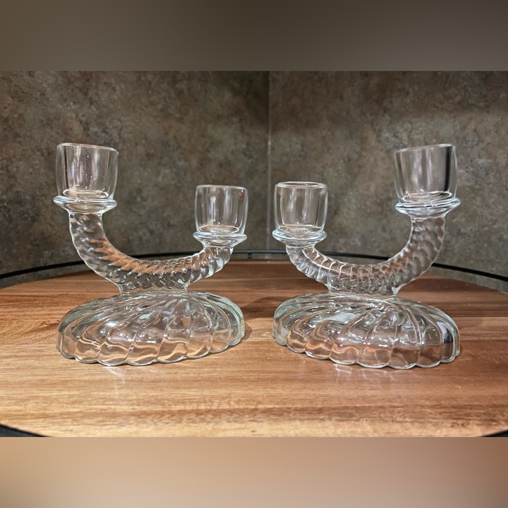 Vintage Double Candle Holders by Imperial Glass Clear Pattern Swirl Design